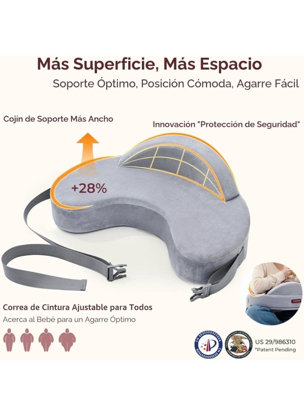 Ergonomic Gray Nursing Support Pillow with Adjustable Waist Strap